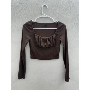Shein Womens Shirt Size XS Brown Ribbed Long Sleeve Cropped TopSquare Neckline